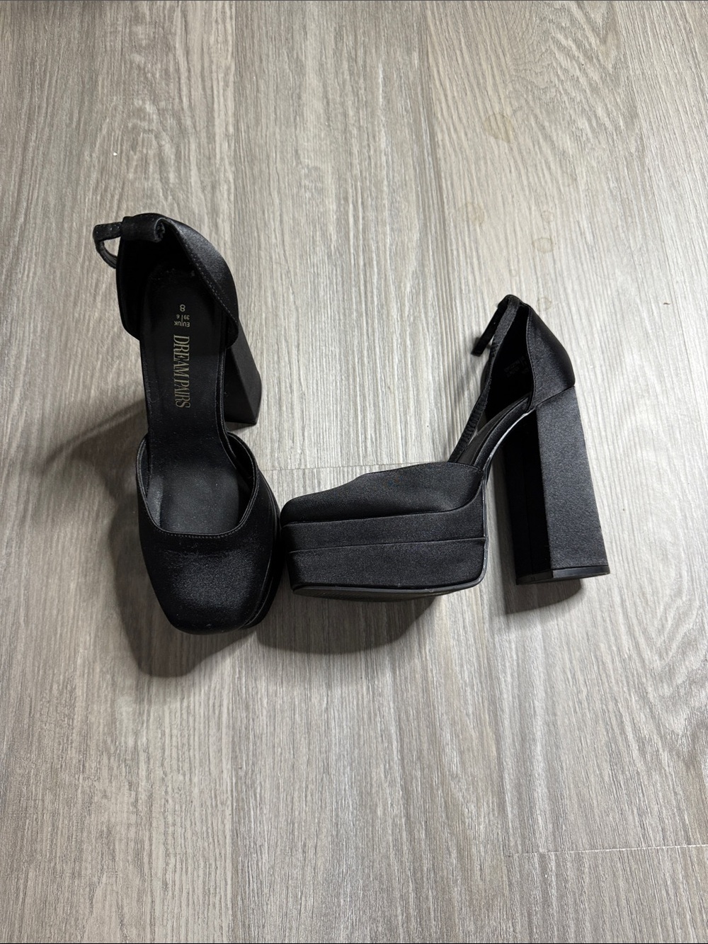 Dream Pairs Black Satin Platform Block Heel Sandals with Ankle Strap